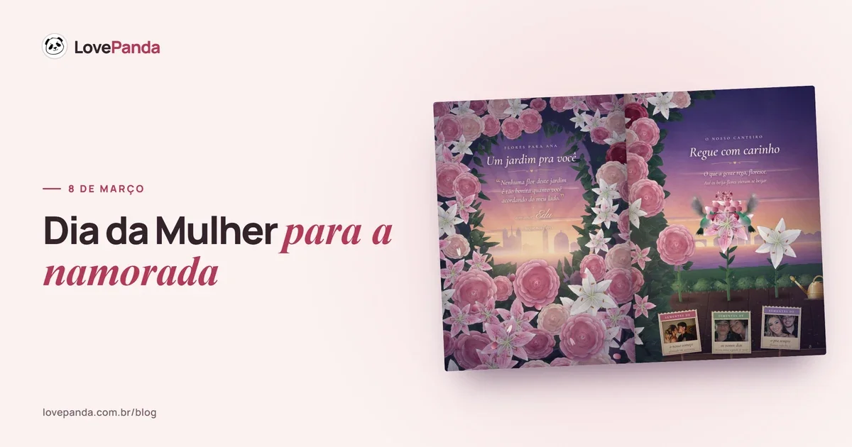Álbum do Casal aberto no celular na linha do tempo com as conquistas dela, ao lado de um livro e de um cartão escrito à mão