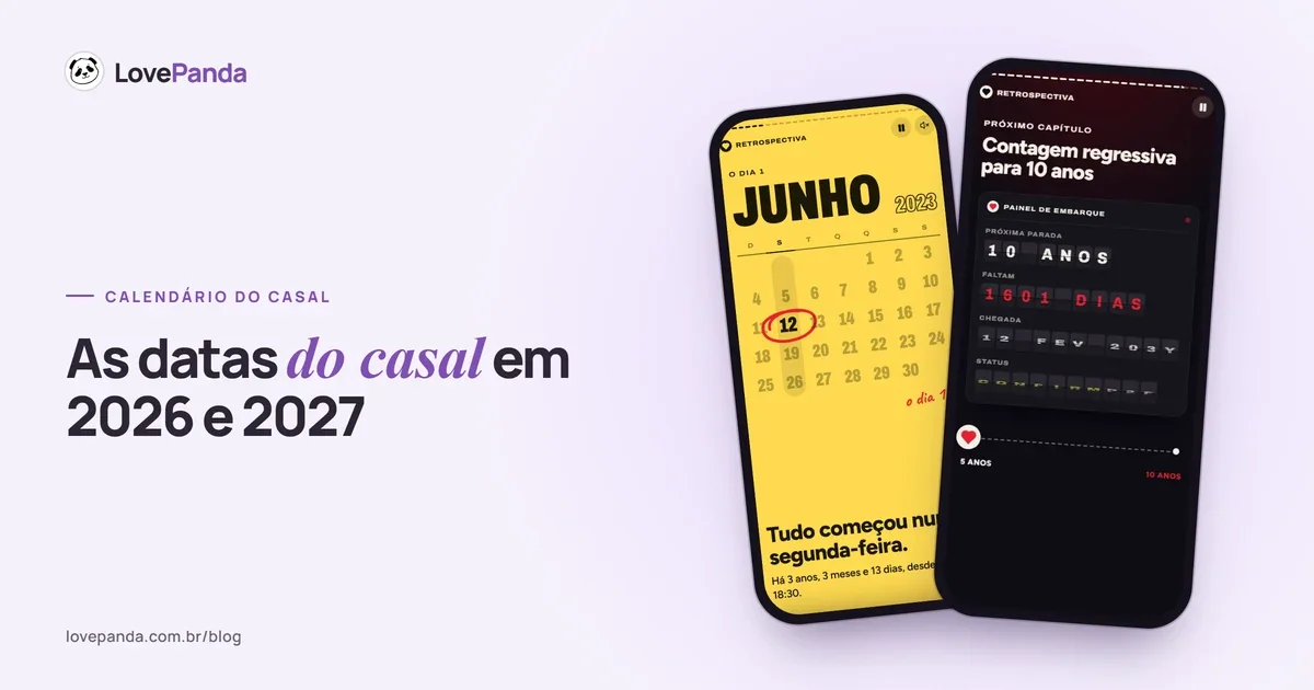 Calendário anual com as datas do casal circuladas ao lado do painel de próximo marco da Retrospectiva do Casal aberto no celular