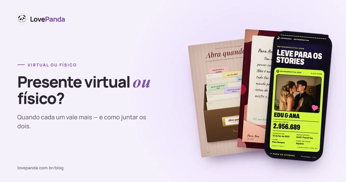 Capa “Presente virtual ou físico?” com páginas reais do Álbum do Casal — o arquivo de cartas Abra quando… e a carta escrita à mão para Ana — ao lado do celular com o resumo para os stories da Retrospectiva do Casal