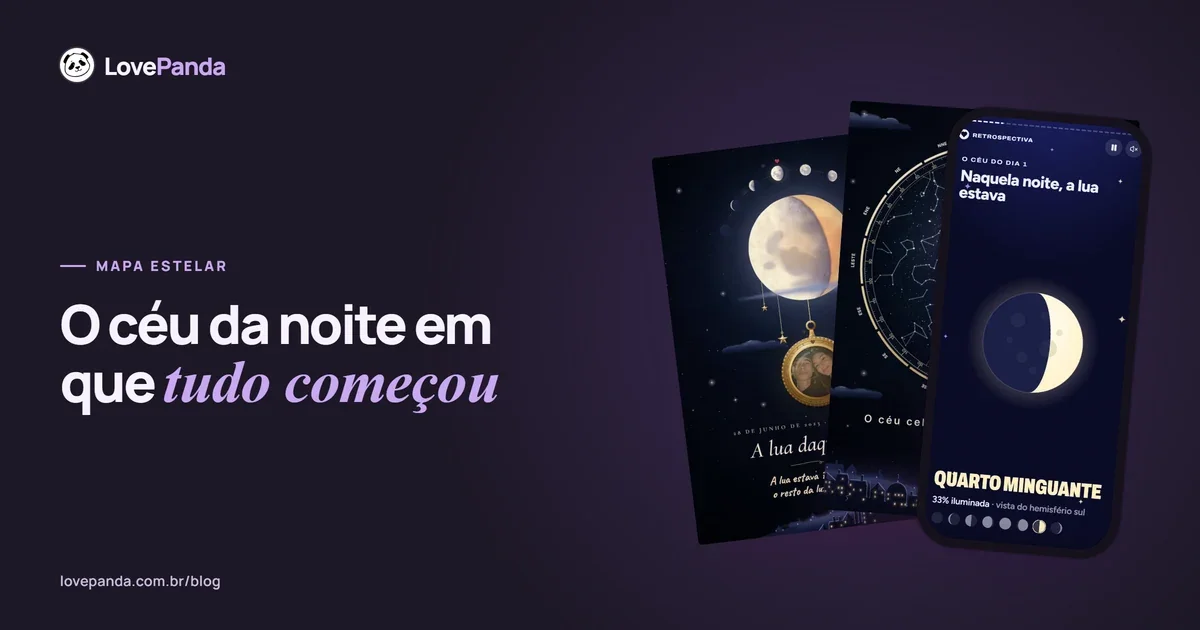 Mapa estelar personalizado no celular: o céu real da noite em que o casal começou, com constelações ligadas, a frase do casal, o lugar e a data