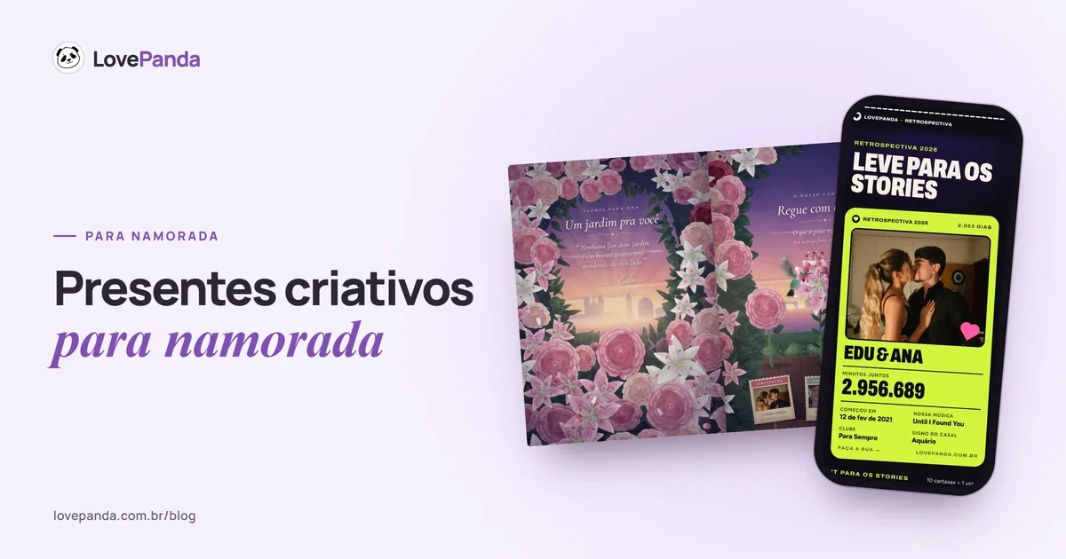 Páginas do Álbum do Casal com as tiras da cabine de fotos e as fotos do casal em cartas de baralho, ao lado de um celular com o resumo da Retrospectiva
