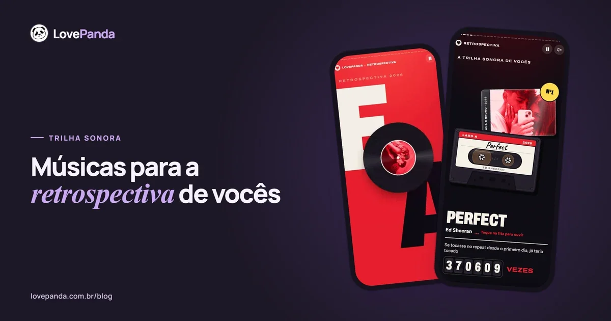 Dois celulares sobre fundo escuro: a abertura da Retrospectiva do Casal com o disco girando e os nomes na capa, e a tela da música do casal tocando numa fita cassete