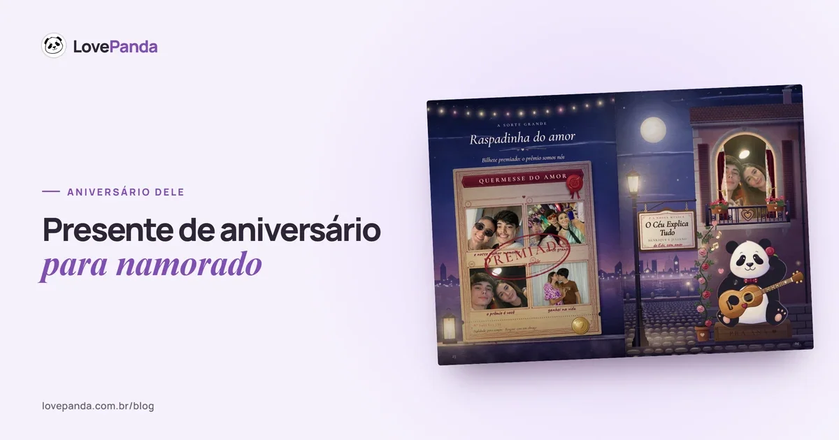 Álbum do Casal aberto na raspadinha e na serenata, com a casa à noite e a janela iluminada, com o título “Presente de aniversário para namorado”