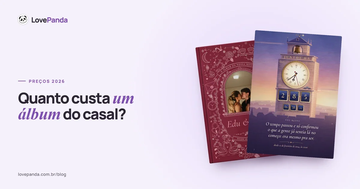 Capa ilustrada do Álbum Digital do Casal e a página do tempo juntos, com a torre do relógio contando ao vivo