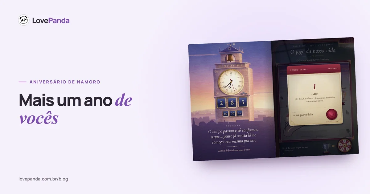 Álbum do Casal aberto no celular nas páginas do tempo juntos, com anos, meses e dias contando ao vivo, e do jogo da nossa vida, com os marcos do casal num tabuleiro