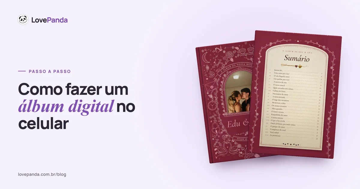 Álbum Digital do Casal aberto na tela, com a capa ilustrada com a foto do casal e o sumário em forma de livro de contos