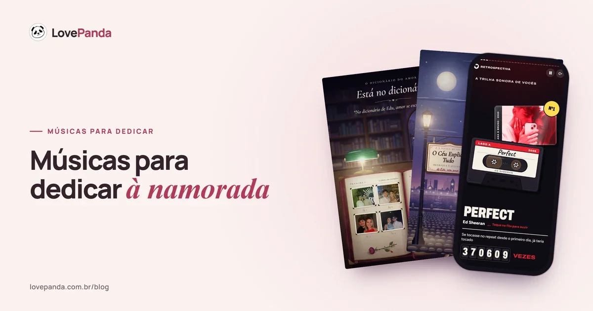 Páginas do Álbum do Casal com o dicionário do amor e a música do casal numa serenata, ao lado de um celular com a tela da música da Retrospectiva do Casal