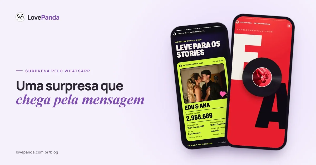 Capa “Uma surpresa que chega pela mensagem” com duas telas reais da Retrospectiva do Casal no celular: o resumo para os stories com a foto e os minutos juntos e a abertura com o disco de vinil girando
