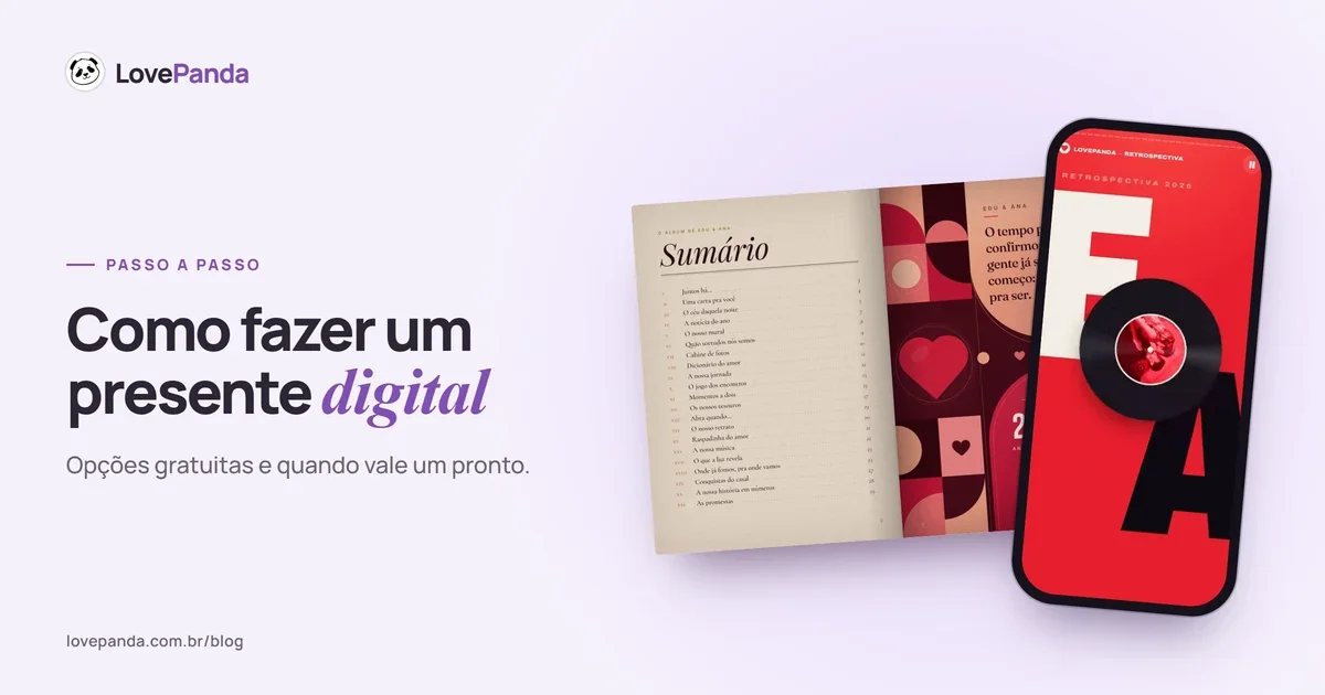 Álbum do Casal aberto no sumário e na página do tempo juntos, ao lado de um celular com a abertura da Retrospectiva do Casal: o disco girando com os nomes na capa