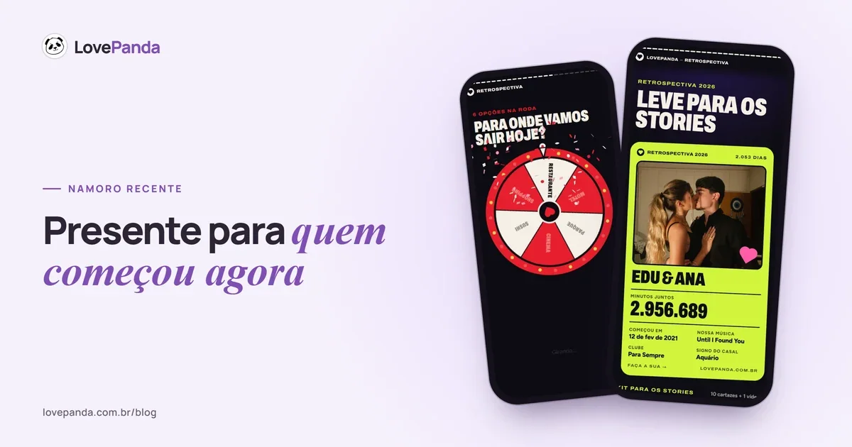 Capa “Presente para quem começou agora” com duas telas reais da Retrospectiva do Casal no celular: a roleta de encontros com a pergunta “Para onde vamos sair hoje?” e o resumo para os stories com os minutos juntos