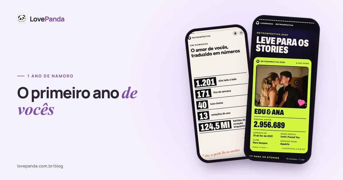Dois celulares com a Retrospectiva do Casal: a tela do amor em números, com dias, fins de semana e luas cheias do primeiro ano, e o resumo para os stories