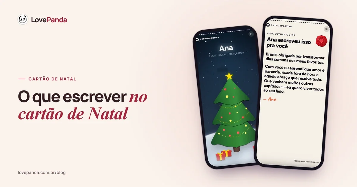 Dois celulares com a Retrospectiva do Casal: o capítulo de Natal, com presentes ao pé da árvore, e a carta do final com lacre de cera e assinatura