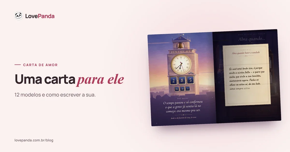 Álbum do Casal aberto na torre do relógio com o tempo juntos e na escrivaninha das cartas “abra quando”, com o título “Carta para namorado”