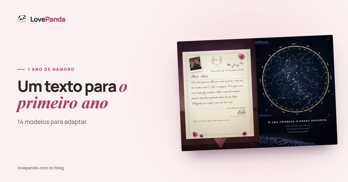 Álbum do Casal aberto na carta saindo do envelope e no céu da noite em que tudo começou, com o título “Texto de 1 ano de namoro”