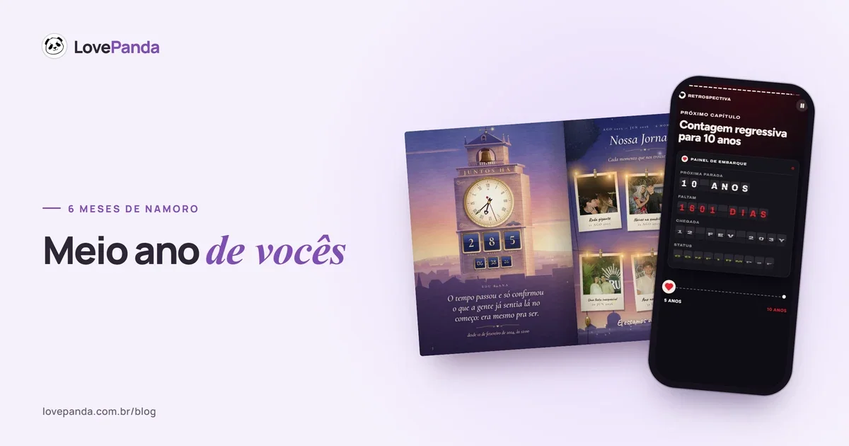 Álbum do Casal aberto nas páginas do tempo juntos e da jornada com as fotos do casal, ao lado de um celular com o painel de embarque do próximo marco do namoro