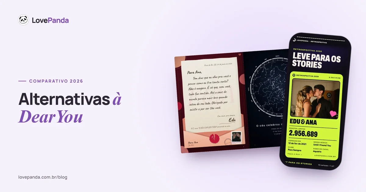 Álbum do Casal aberto no celular na página das cartas “Abra quando…”, ao lado de cartões que comparam sites de presente digital para casal