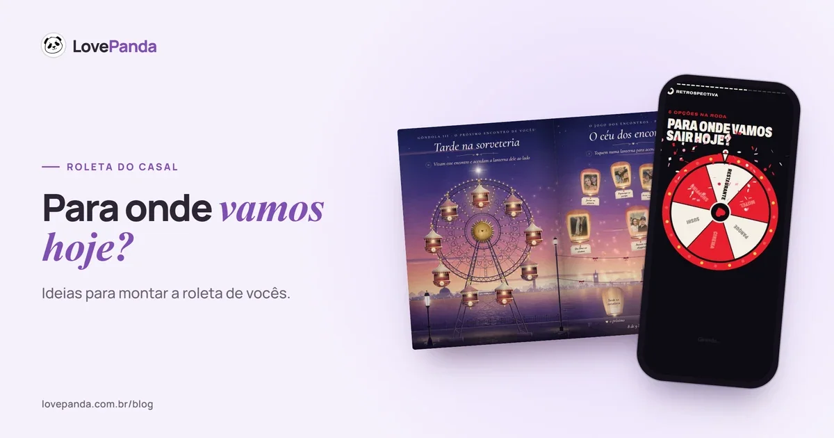 Capa “Para onde vamos hoje?” com o Álbum do Casal aberto nas páginas da roda dos encontros e do álbum dos encontros, ao lado do celular com a roleta de encontros da Retrospectiva do Casal