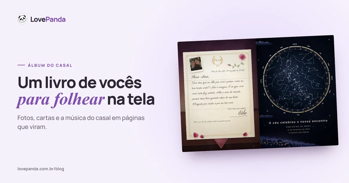 Álbum do Casal aberto em duas páginas reais: a torre do relógio com o tempo juntos e a pomba-correio que entrega a carta