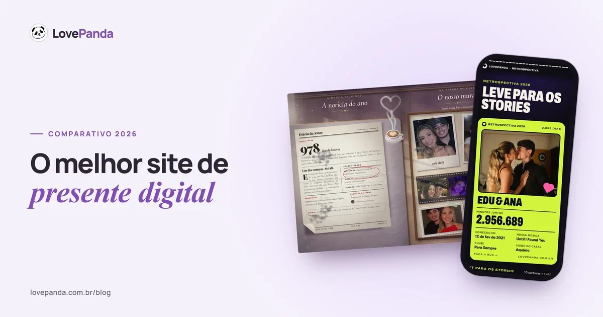 Comparativo de sites de presente digital para casal com telas reais da Retrospectiva do Casal e do Álbum do Casal