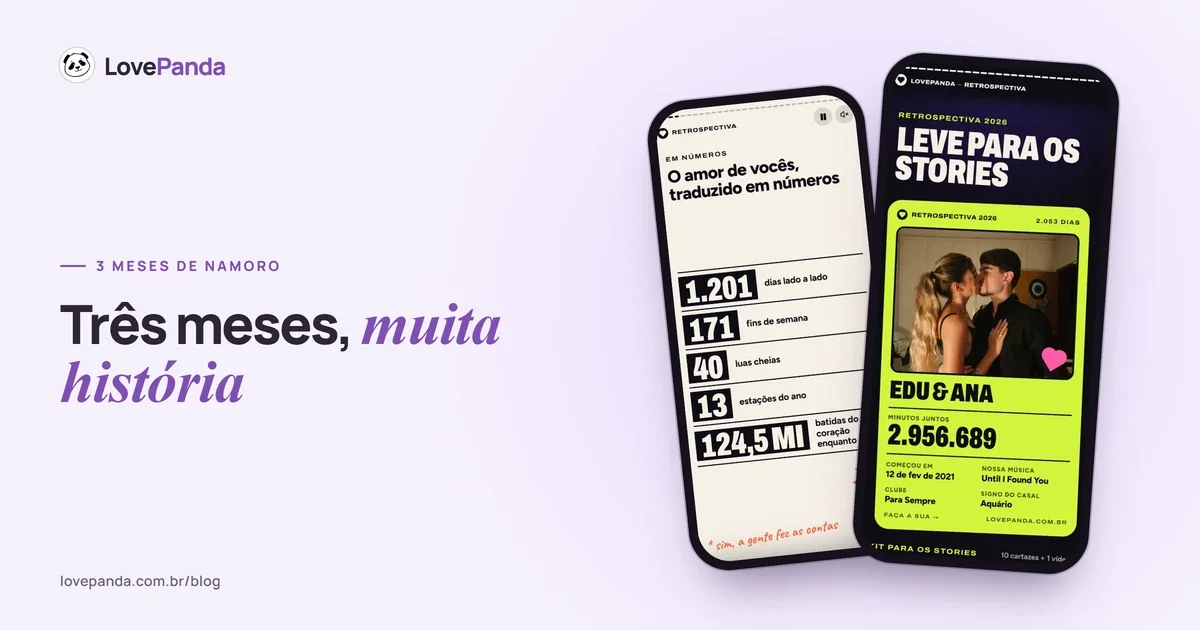 Dois celulares com a Retrospectiva do Casal: a tela do amor em números dos primeiros meses de namoro e o resumo de vocês para os stories