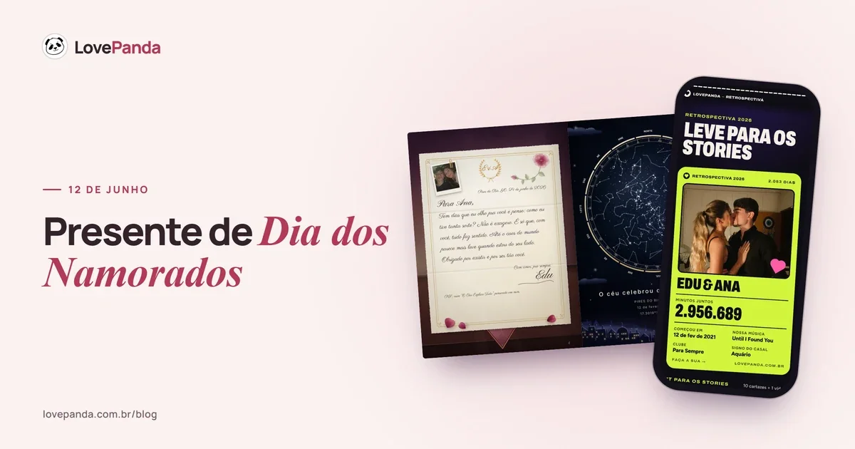Capa “Presente de Dia dos Namorados” com o Álbum do Casal aberto na carta para Ana, saindo do envelope com lacre, e no céu daquela noite, ao lado do celular com o resumo para os stories da Retrospectiva do Casal