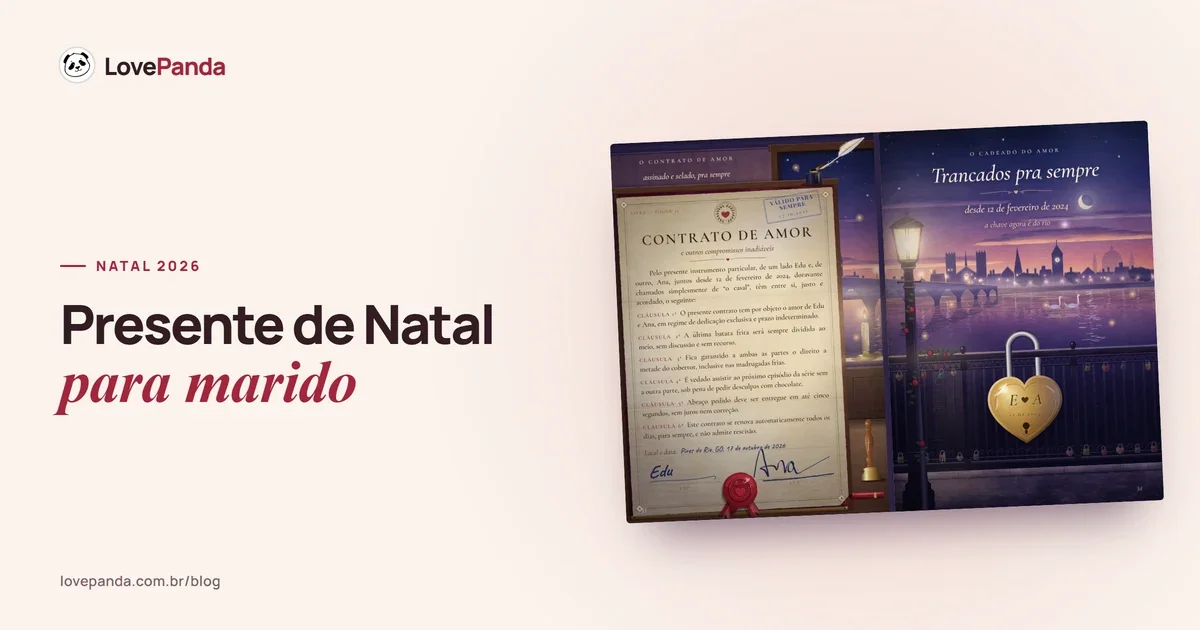 Álbum do Casal aberto no contrato de amor para assinar e no cadeado das promessas, com o título “Presente de Natal para marido”