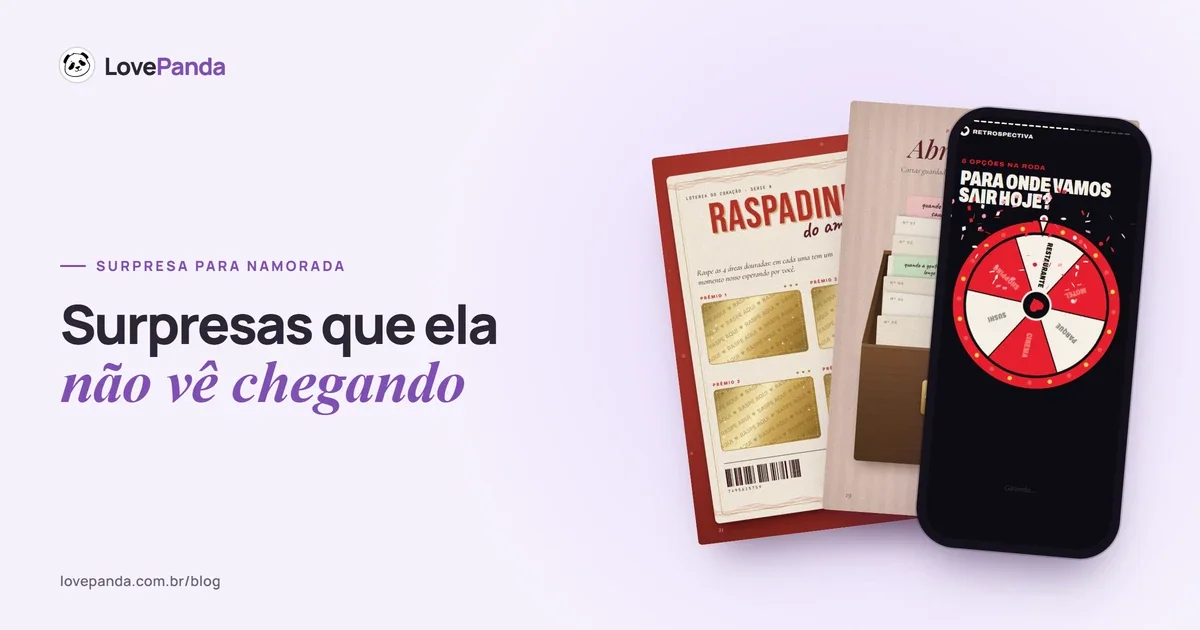 Capa “Surpresas que ela não vê chegando” com páginas reais do Álbum do Casal — a raspadinha do amor e o arquivo de cartas Abra quando… — e o celular com a roleta de encontros da Retrospectiva do Casal
