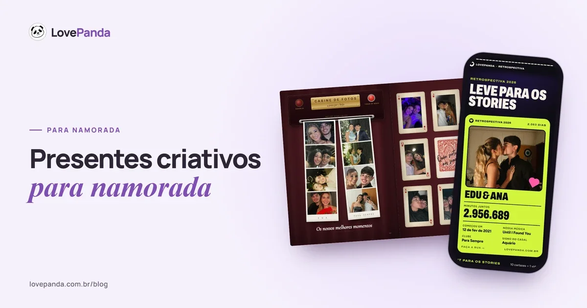 Páginas do Álbum do Casal com as tiras da cabine de fotos e as fotos do casal em cartas de baralho, ao lado de um celular com o resumo da Retrospectiva