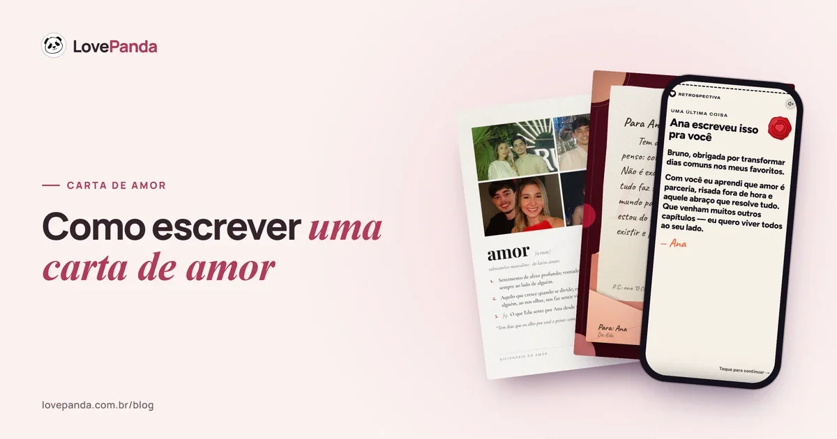Páginas reais do Álbum do Casal com o dicionário do amor e a carta que sai do envelope, ao lado de um celular com a carta com lacre da Retrospectiva do Casal
