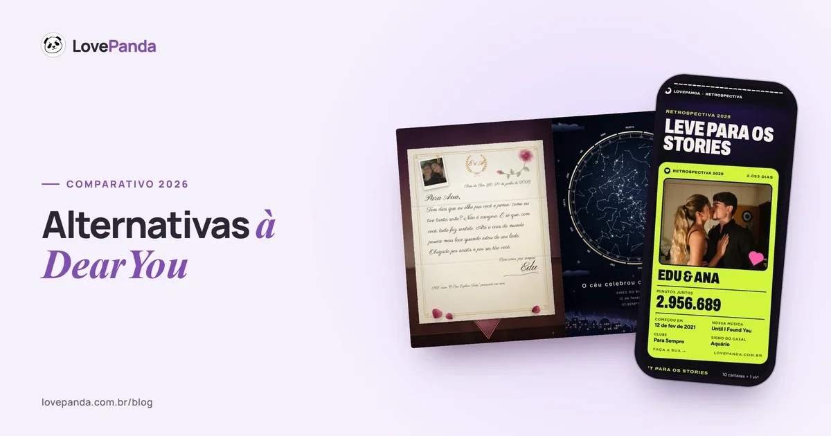 Álbum do Casal aberto no celular na página das cartas “Abra quando…”, ao lado de cartões que comparam sites de presente digital para casal