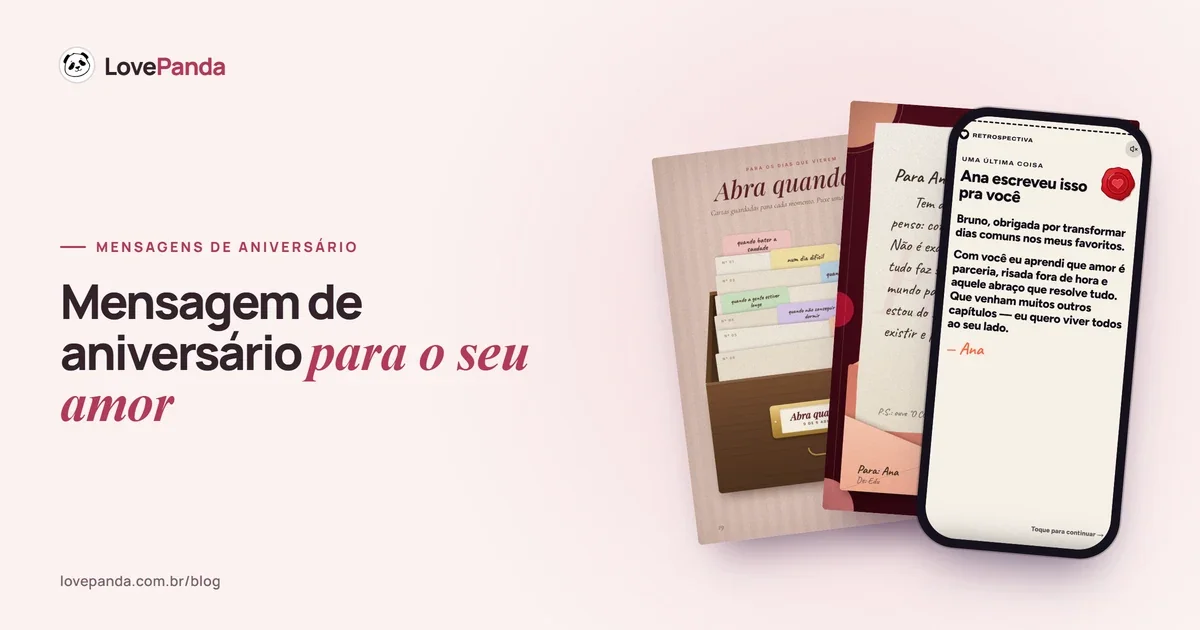Carta com lacre e assinatura na tela final da Retrospectiva do Casal, ao lado de um cartão de aniversário escrito à mão