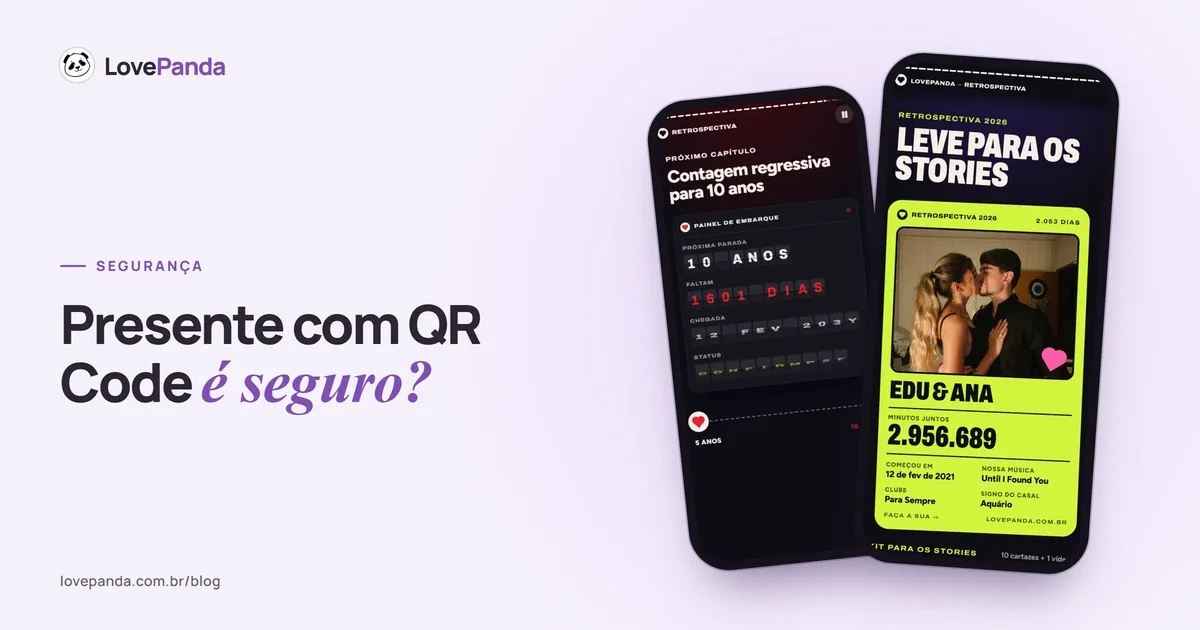 Dois celulares com a Retrospectiva do Casal aberta direto no conteúdo, sem formulário: o painel de embarque com os dias até o próximo marco e o resumo do casal para os stories