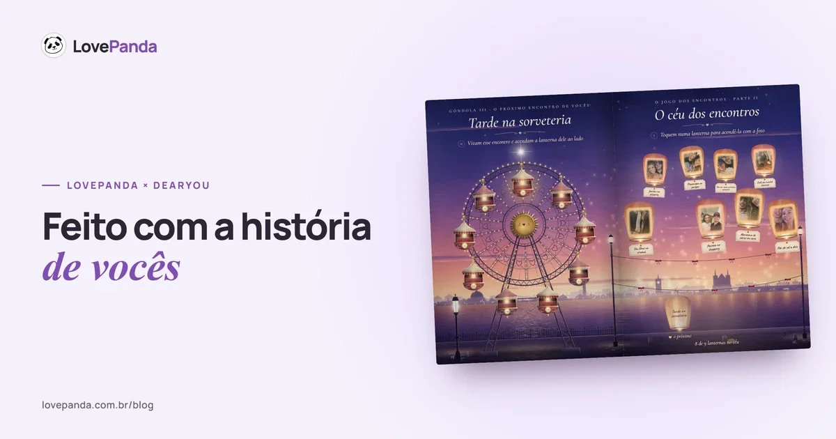 Capa e páginas reais do Álbum do Casal da LovePanda, com a roda dos encontros e lembranças do casal