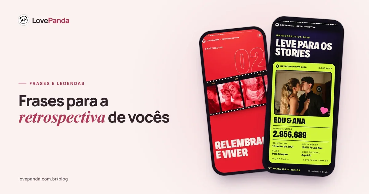 Capa com o título “Frases para retrospectiva de namoro” e dois celulares com telas reais da Retrospectiva do Casal: a linha do tempo com legendas curtas e o resumo do casal