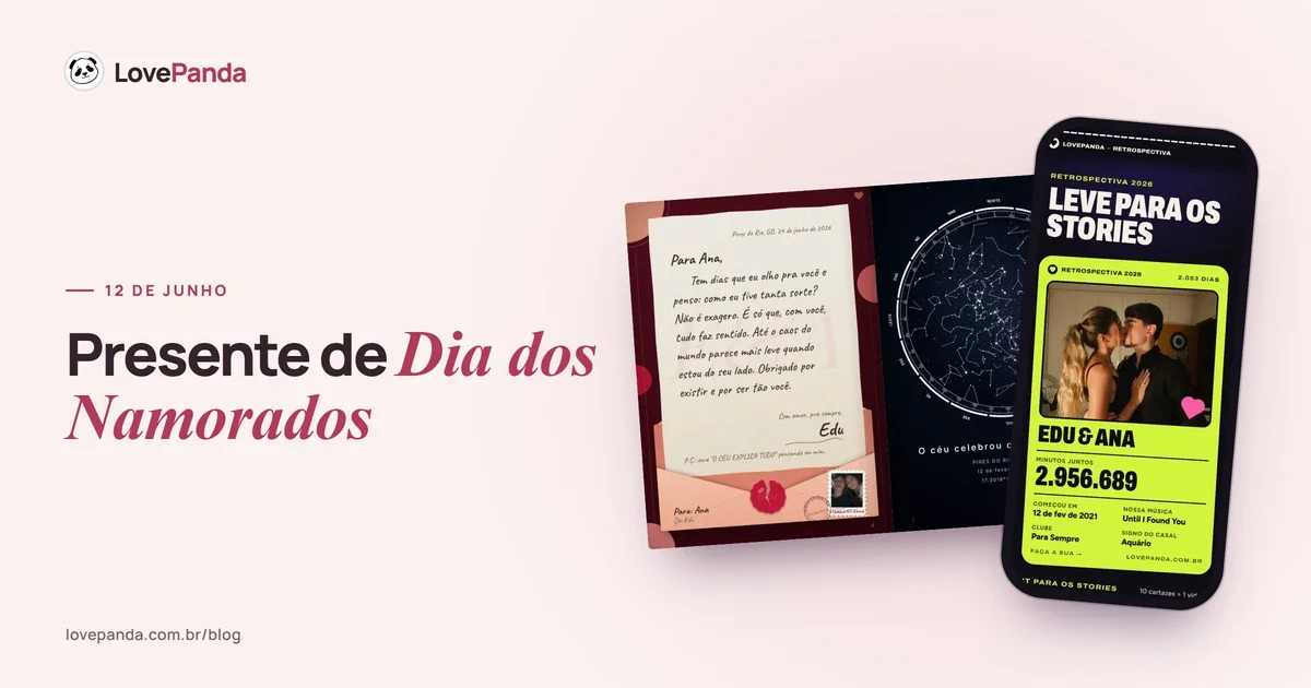 Capa “Presente de Dia dos Namorados” com o Álbum do Casal aberto na carta para Ana, saindo do envelope com lacre, e no céu daquela noite, ao lado do celular com o resumo para os stories da Retrospectiva do Casal