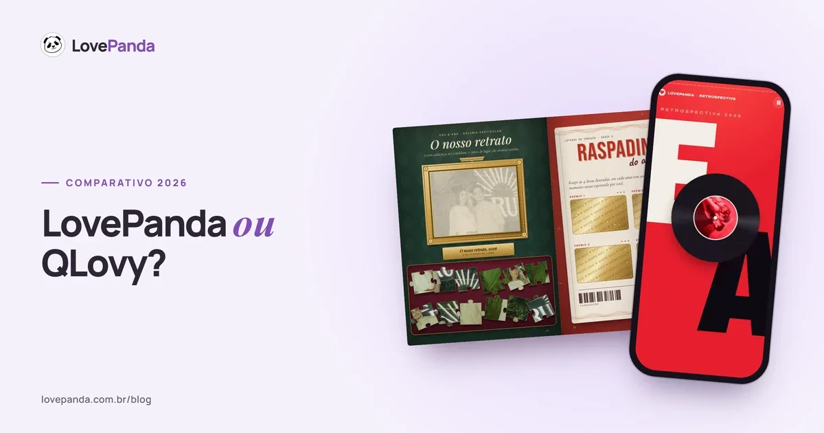 Comparativo QLovy ou LovePanda: o Álbum do Casal aberto em 3D ao lado de um celular com a Retrospectiva do Casal