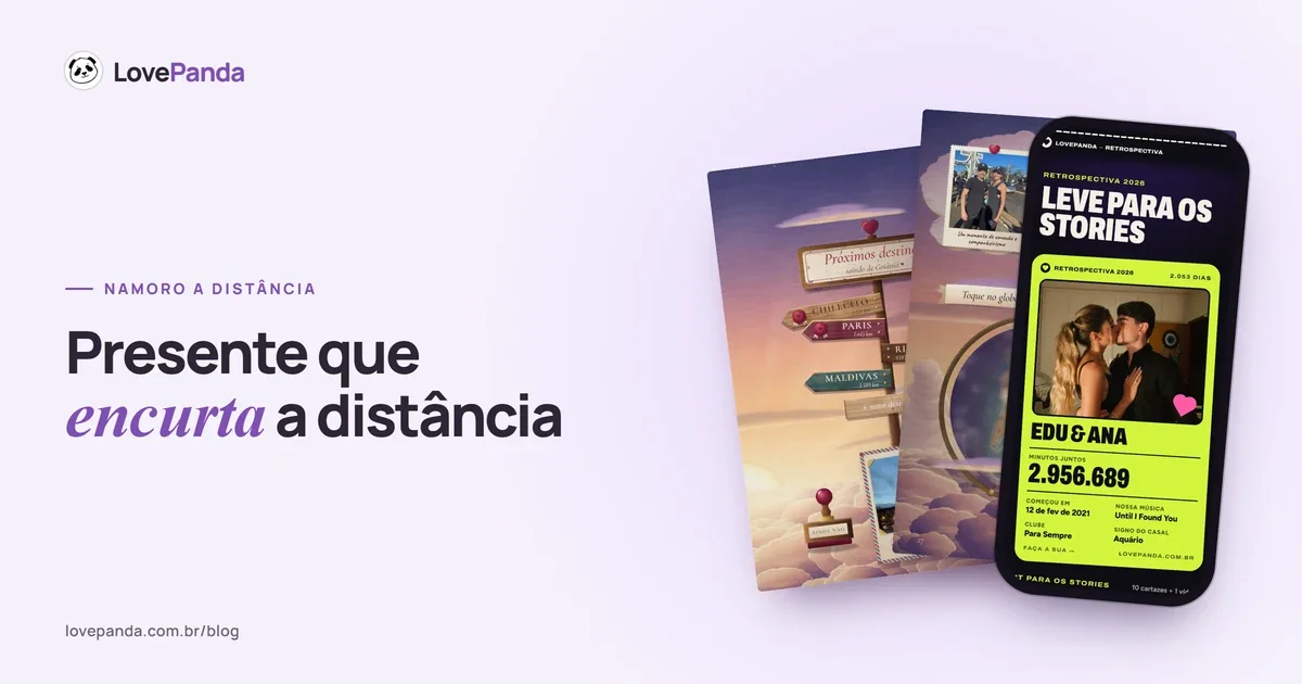 Páginas do Álbum do Casal com o globo dos lugares do casal e a placa dos próximos destinos, ao lado de um celular com o resumo da Retrospectiva para os stories
