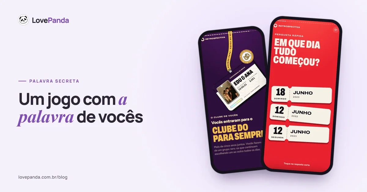 Capítulo “palavra secreta” da Retrospectiva do Casal no celular: fichas coloridas com os palpites, teclado na tela e a pergunta do casal em cima do jogo
