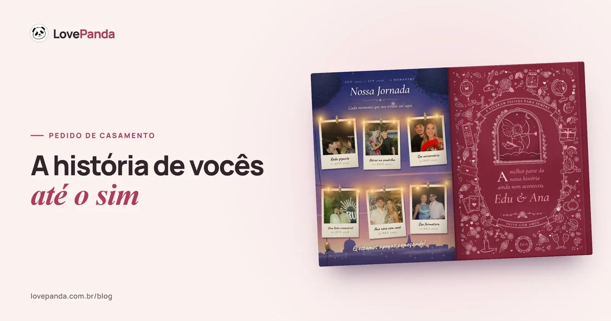 Álbum do Casal aberto na página da jornada, um varal de luzinhas com as fotos dos momentos do casal, ao lado da última página do livro