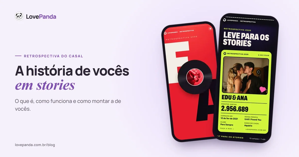 Duas telas reais da Retrospectiva do Casal no celular: a abertura com o disco de vinil girando e o resumo para os stories com a foto do casal, os minutos juntos e a música de vocês
