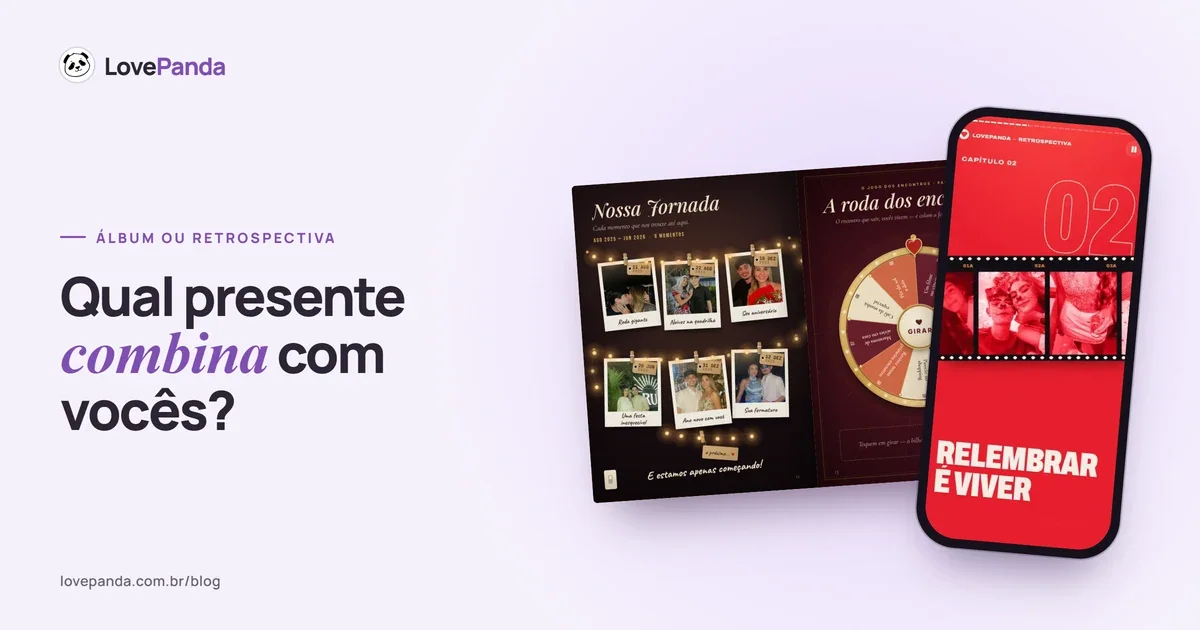Álbum do Casal aberto na jornada e na roda dos encontros, ao lado de um celular com a linha do tempo da Retrospectiva do Casal