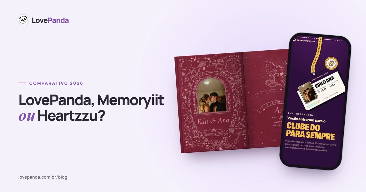 Comparativo entre Memoryiit, Heartzzu e LovePanda com telas reais da Retrospectiva do Casal no celular