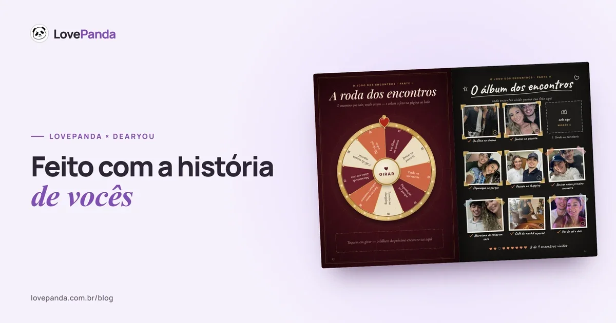 Capa e páginas reais do Álbum do Casal da LovePanda, com a roda dos encontros e lembranças do casal