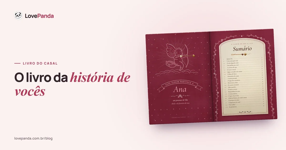 Álbum do Casal aberto no ex-libris “este álbum pertence a…” e no sumário em forma de livro de contos