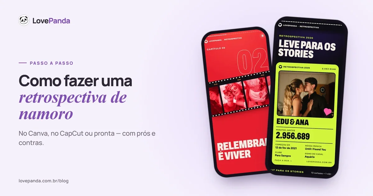 Capa com o título “Como fazer retrospectiva de namoro” e dois celulares com telas reais da Retrospectiva do Casal: a linha do tempo e o resumo do casal para os Stories