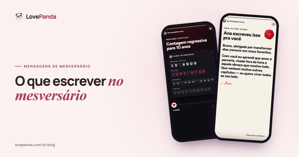 Tela da carta da Retrospectiva do Casal, com lacre e assinatura, aberta no celular ao lado de um bilhete de mesversário escrito à mão