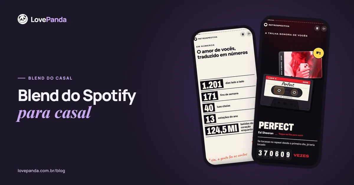 Dois celulares com telas da Retrospectiva do Casal: o amor do casal em números e a música de vocês numa fita cassete
