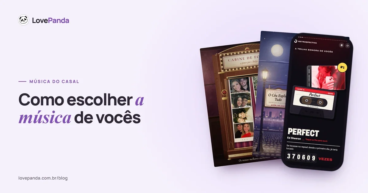 Páginas do Álbum do Casal com a cabine de fotos e a música de vocês numa serenata, ao lado de um celular com a tela da música da Retrospectiva do Casal
