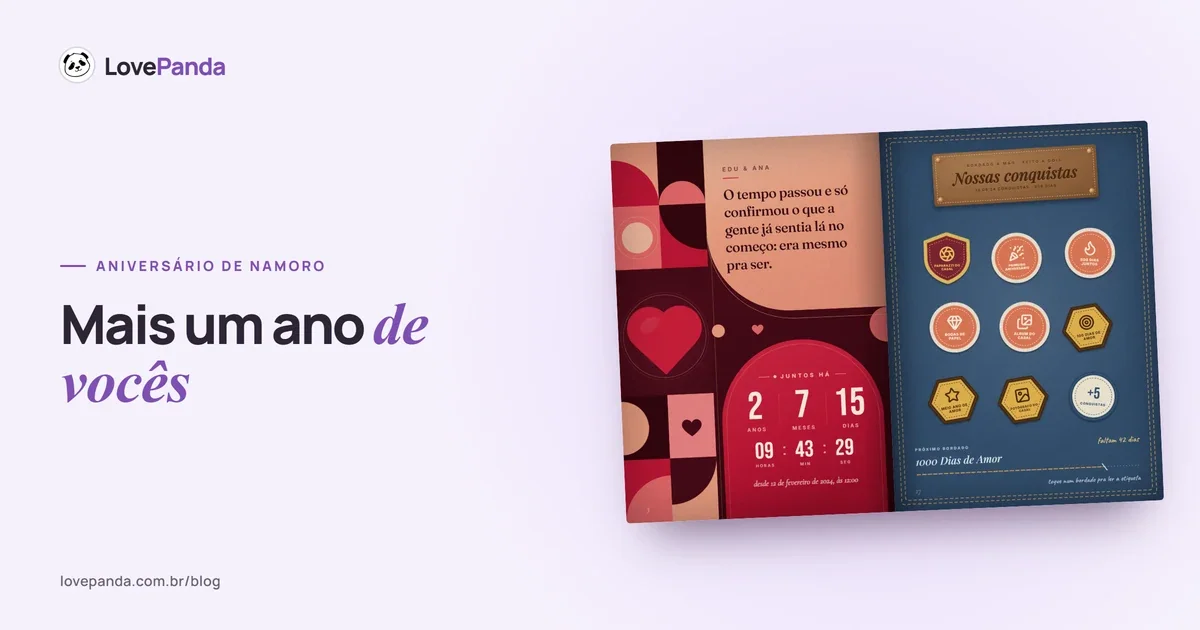 Álbum do Casal aberto no celular nas páginas do tempo juntos, com anos, meses e dias contando ao vivo, e das conquistas do casal bordadas como patches