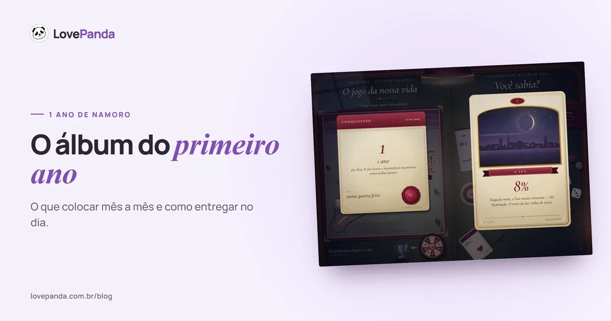 Álbum do Casal aberto no jogo da nossa vida, com os marcos do casal num tabuleiro, e no baralho de curiosidades “Você sabia?”